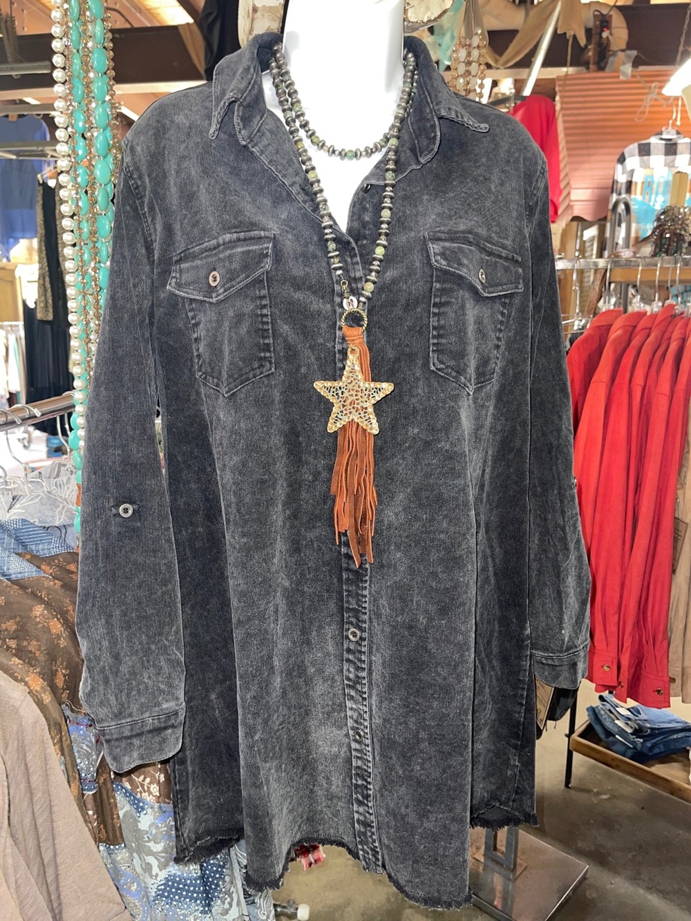 Black Corduroy Button Down Long Sleeve Denim Jean Jacket Chest Pockets